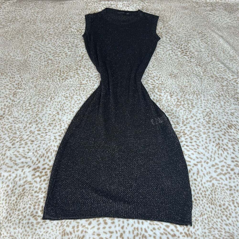 Tahari Black Metallic Shimmer Knit Cap Sleeve Maxi Dress Size XL